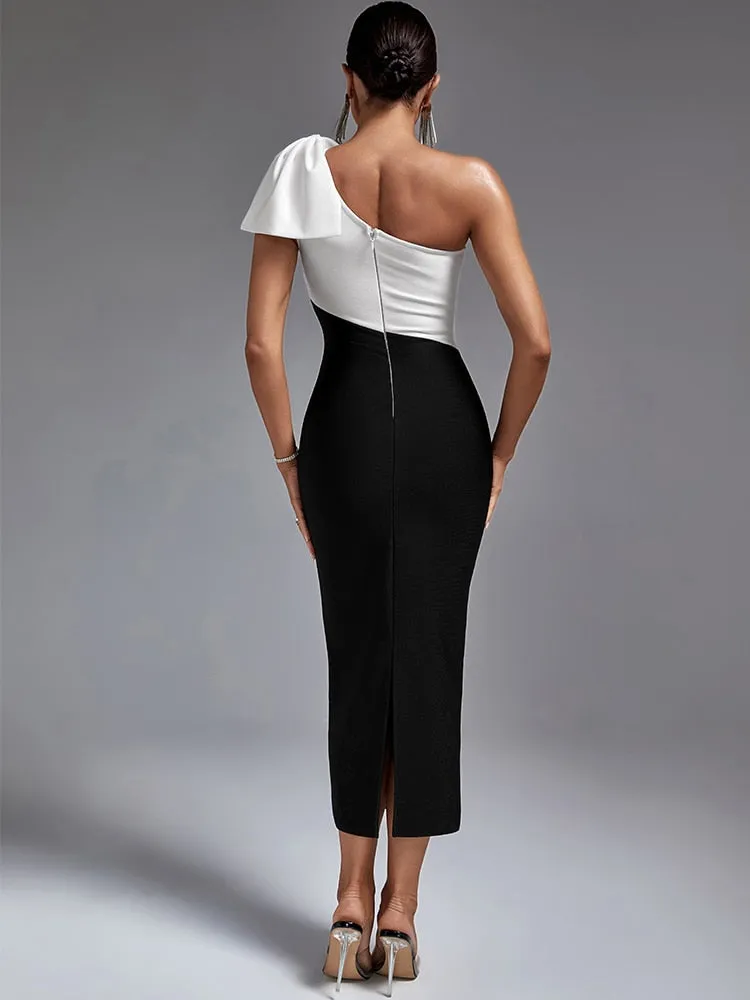 One Shoulder Maxi Bodycon Dress with Color Block