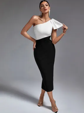 One Shoulder Maxi Bodycon Dress with Color Block