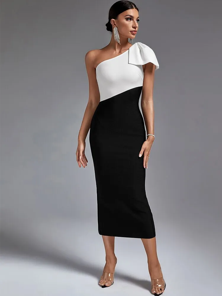 One Shoulder Maxi Bodycon Dress with Color Block