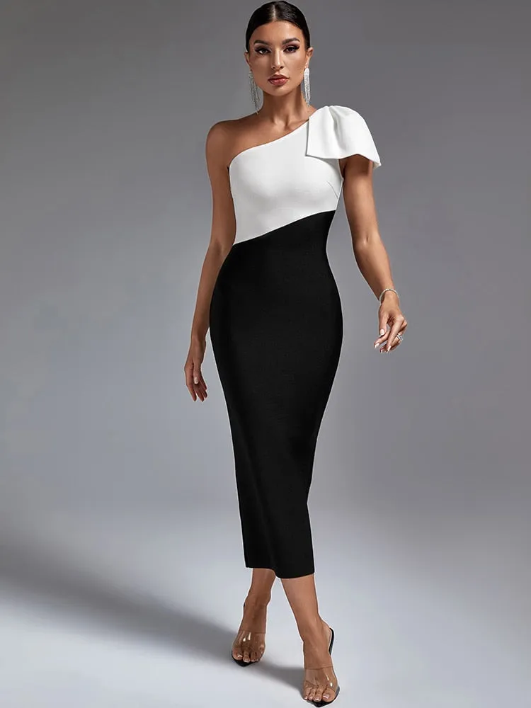 One Shoulder Maxi Bodycon Dress with Color Block