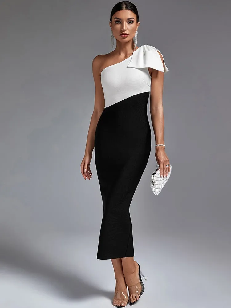 One Shoulder Maxi Bodycon Dress with Color Block