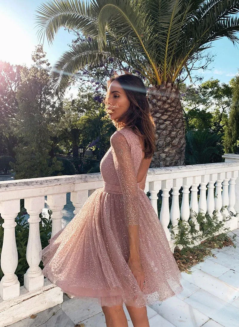 Pink Tulle Sequins Knee Length Prom Dress, Long Sleeve A-Line Party Dress