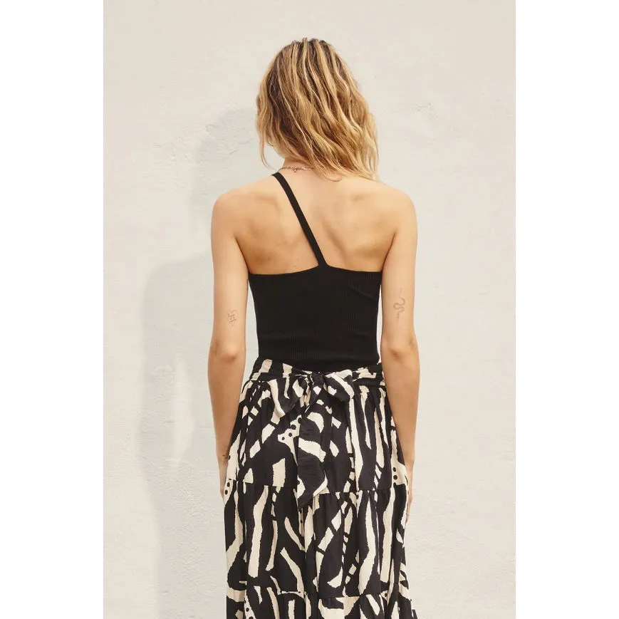 Ribbed Knit One Shoulder Top Black