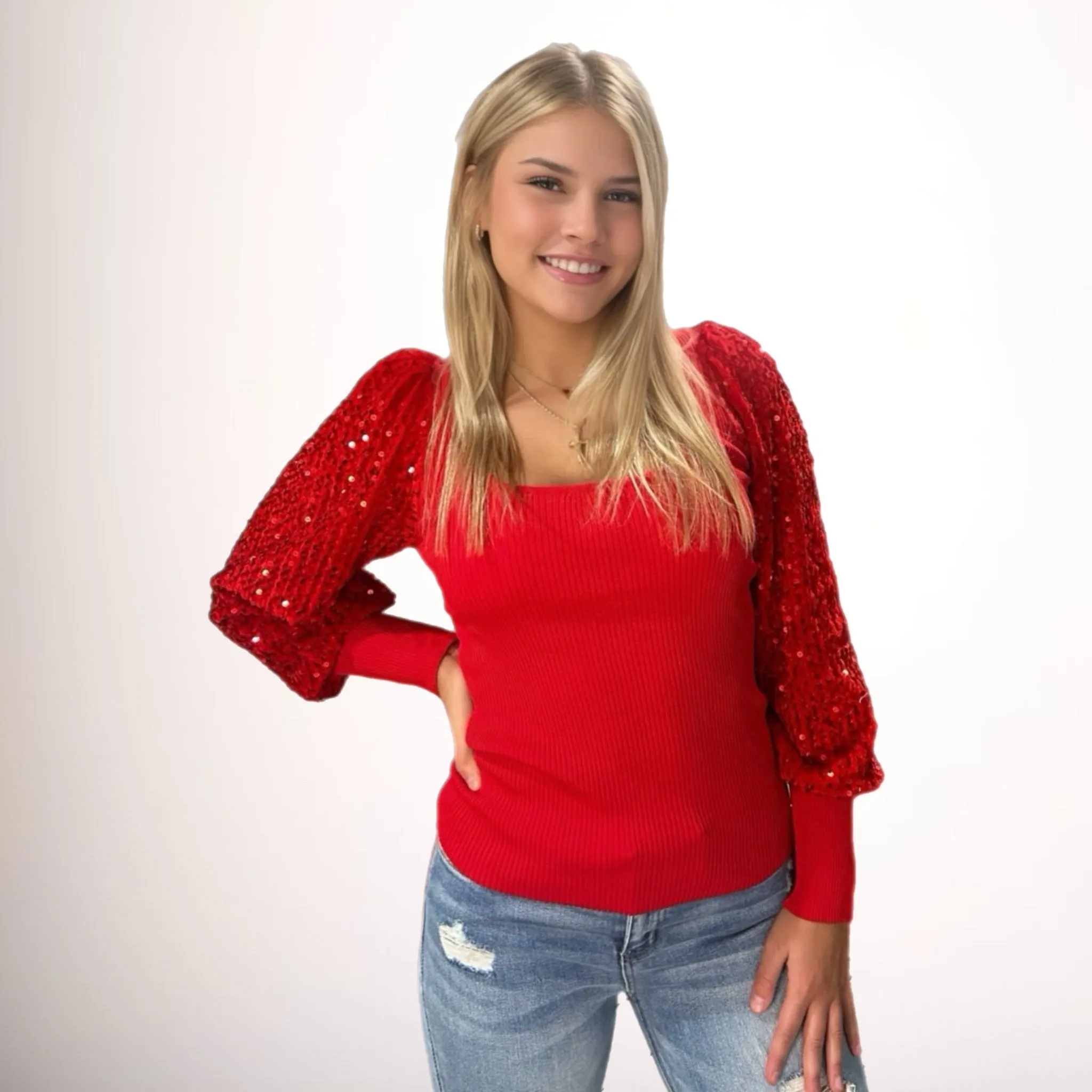 Sequin Balloon Sleeve Top