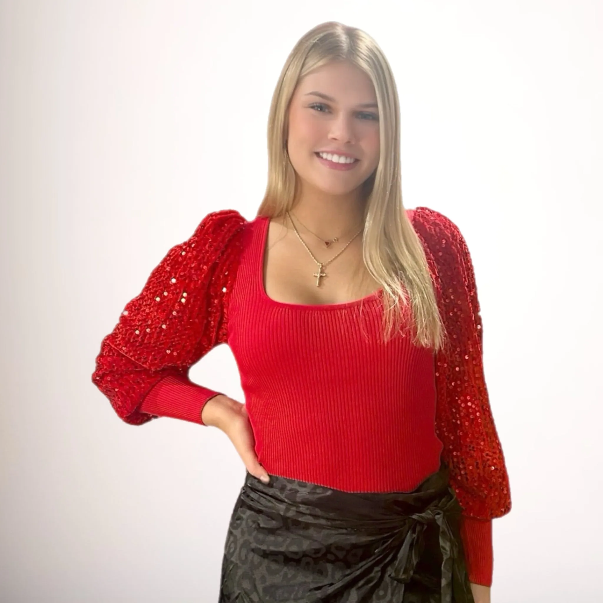 Sequin Balloon Sleeve Top