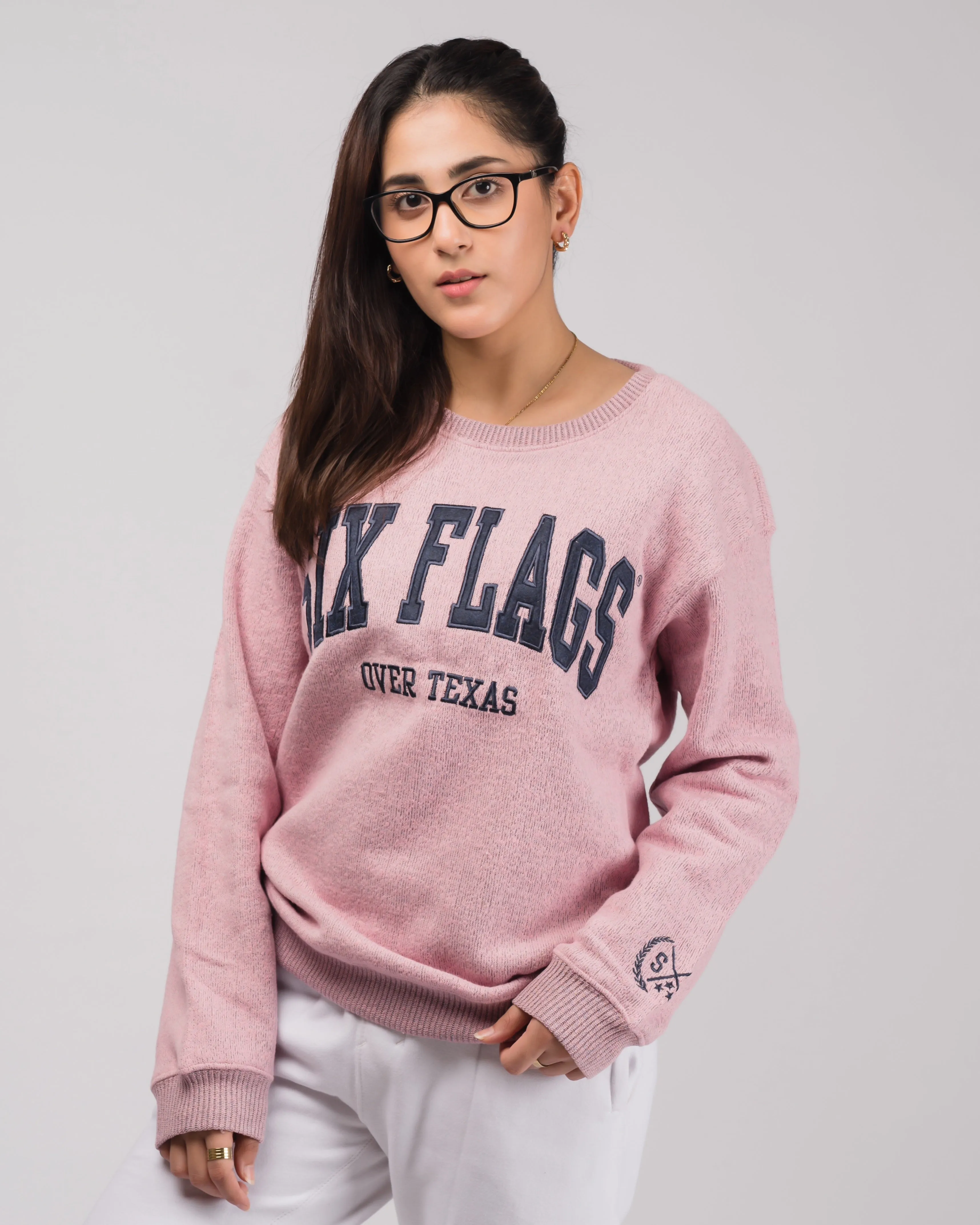 Six Flag Embroidered Irish Knitted Sweater Pink