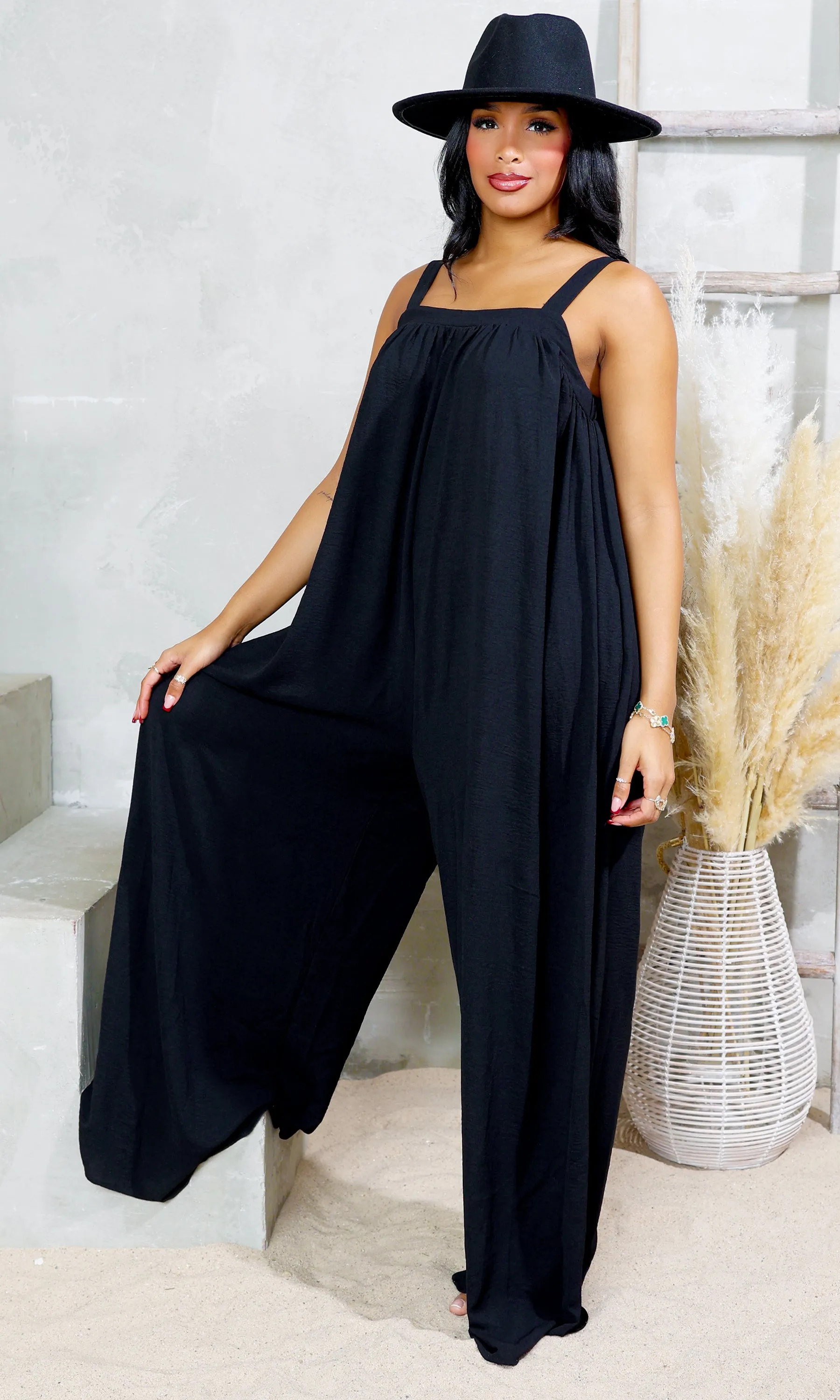 Square Neck Woven Jumpsuit - Black FINAL SALE