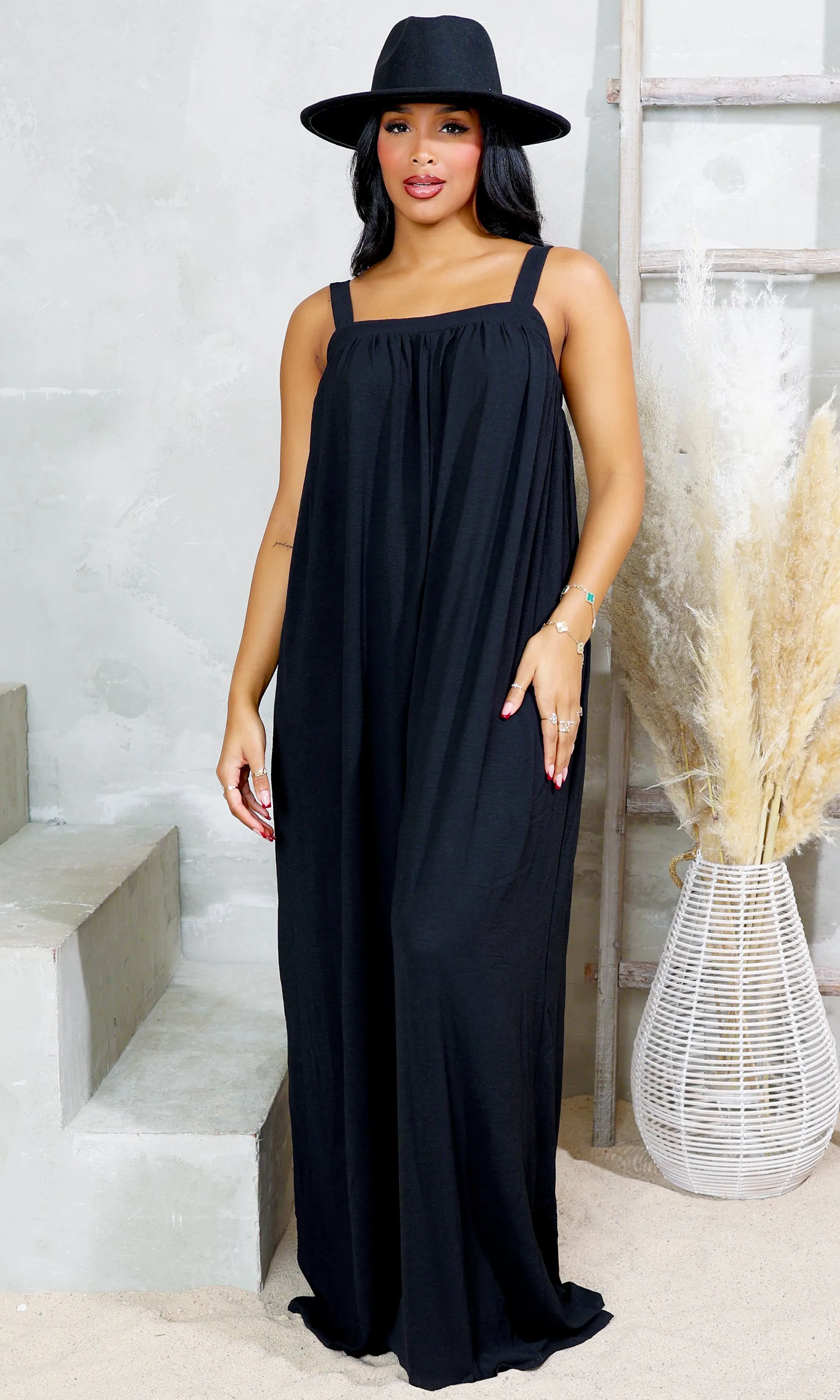 Square Neck Woven Jumpsuit - Black FINAL SALE