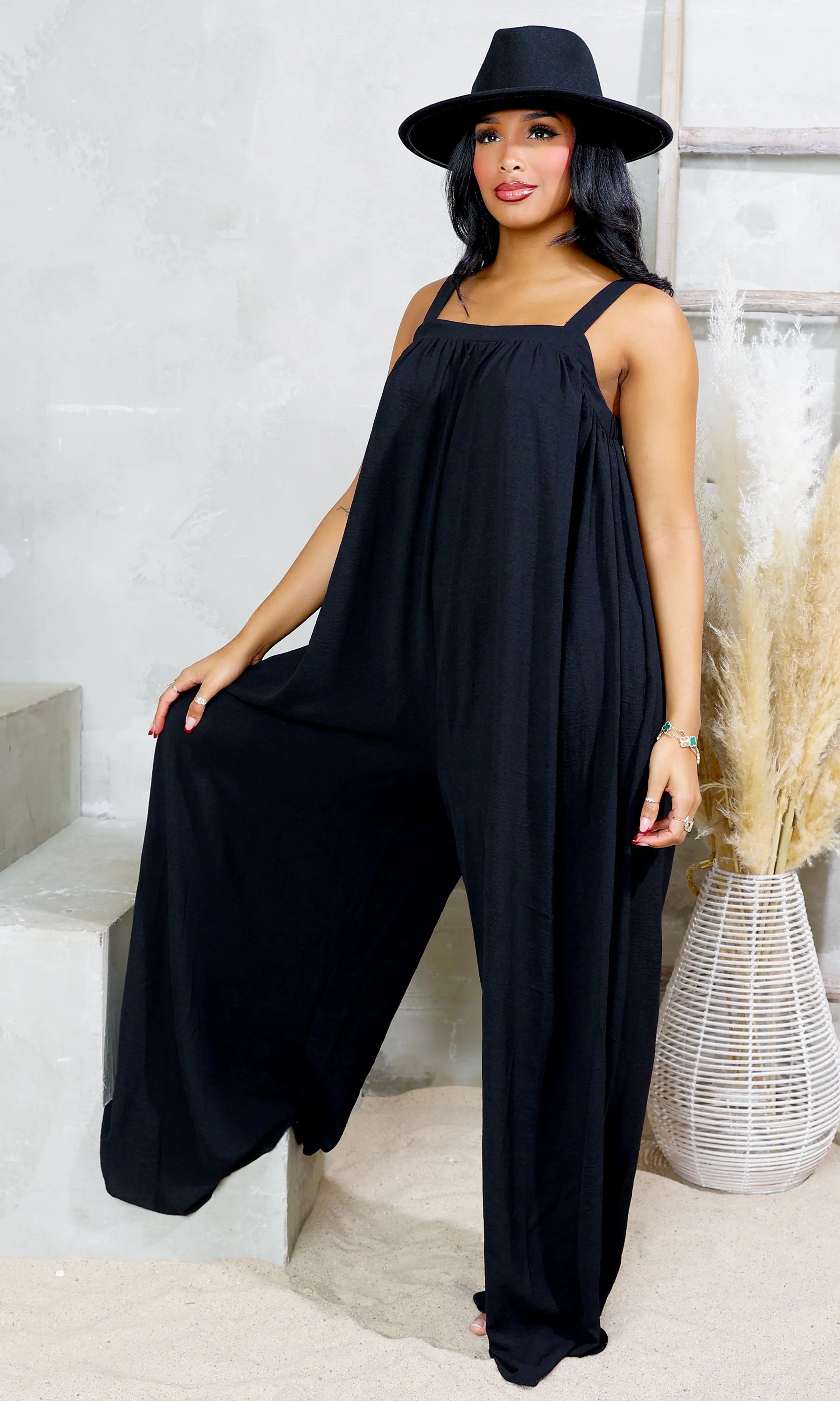 Square Neck Woven Jumpsuit - Black FINAL SALE