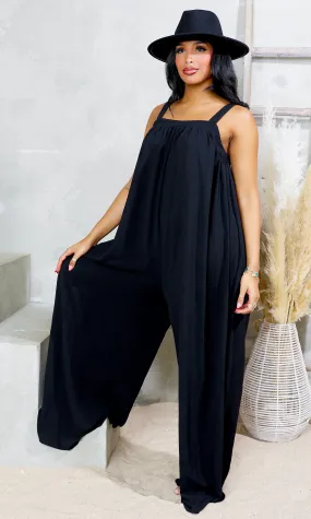 Square Neck Woven Jumpsuit - Black FINAL SALE