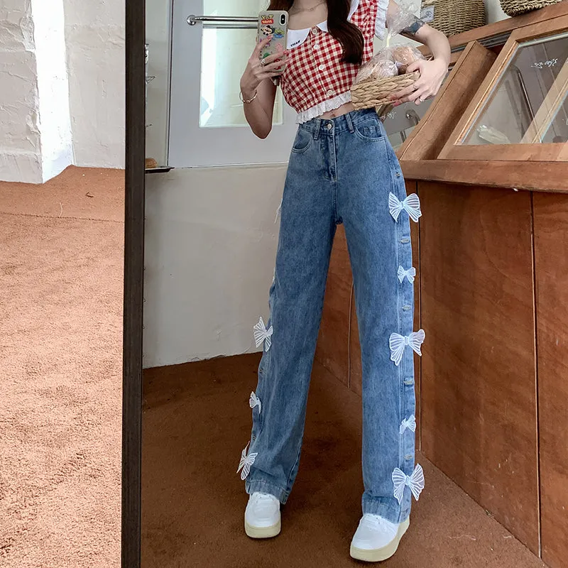 White Bows Decorated High Waist Wide Leg Jeans