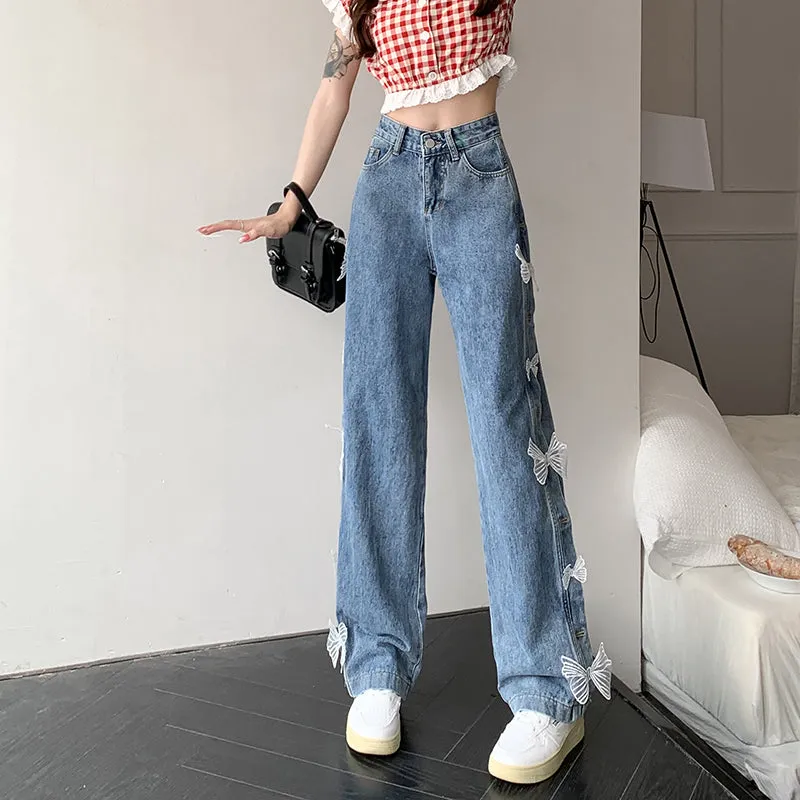 White Bows Decorated High Waist Wide Leg Jeans