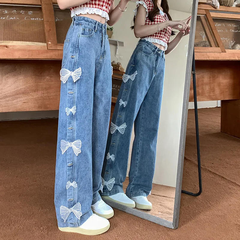 White Bows Decorated High Waist Wide Leg Jeans