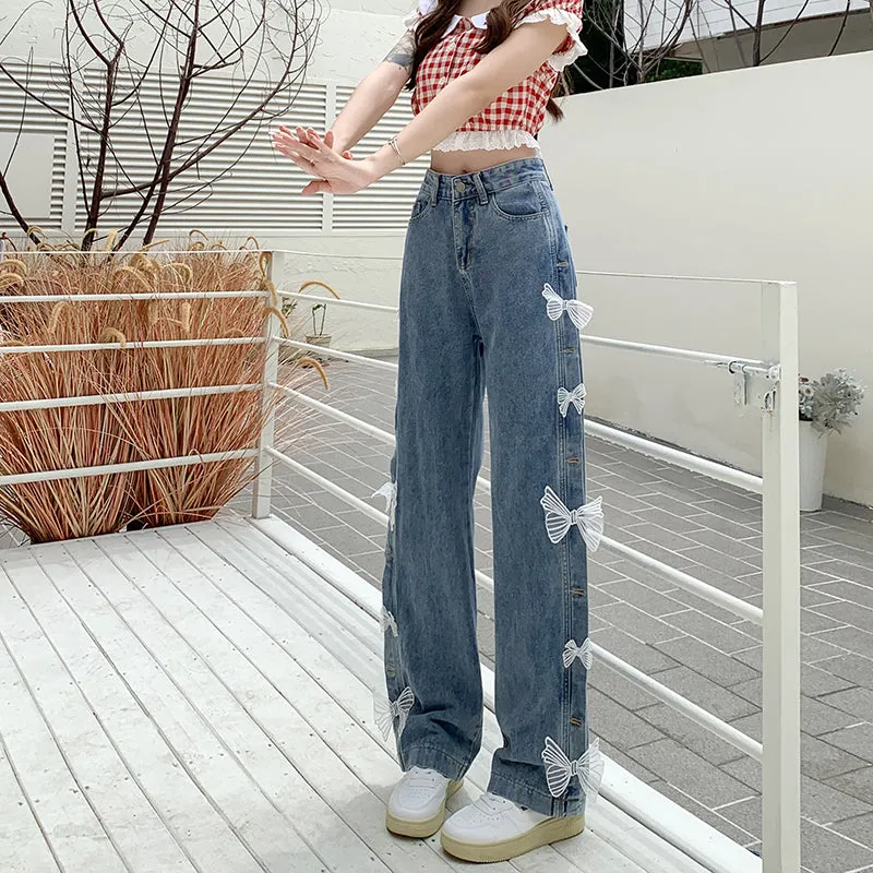 White Bows Decorated High Waist Wide Leg Jeans